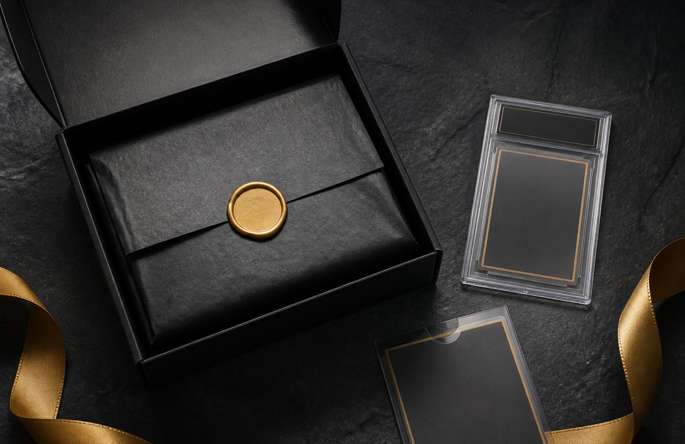 FirstRip black shipping box with gold wax seal, card sleeve and graded slab
