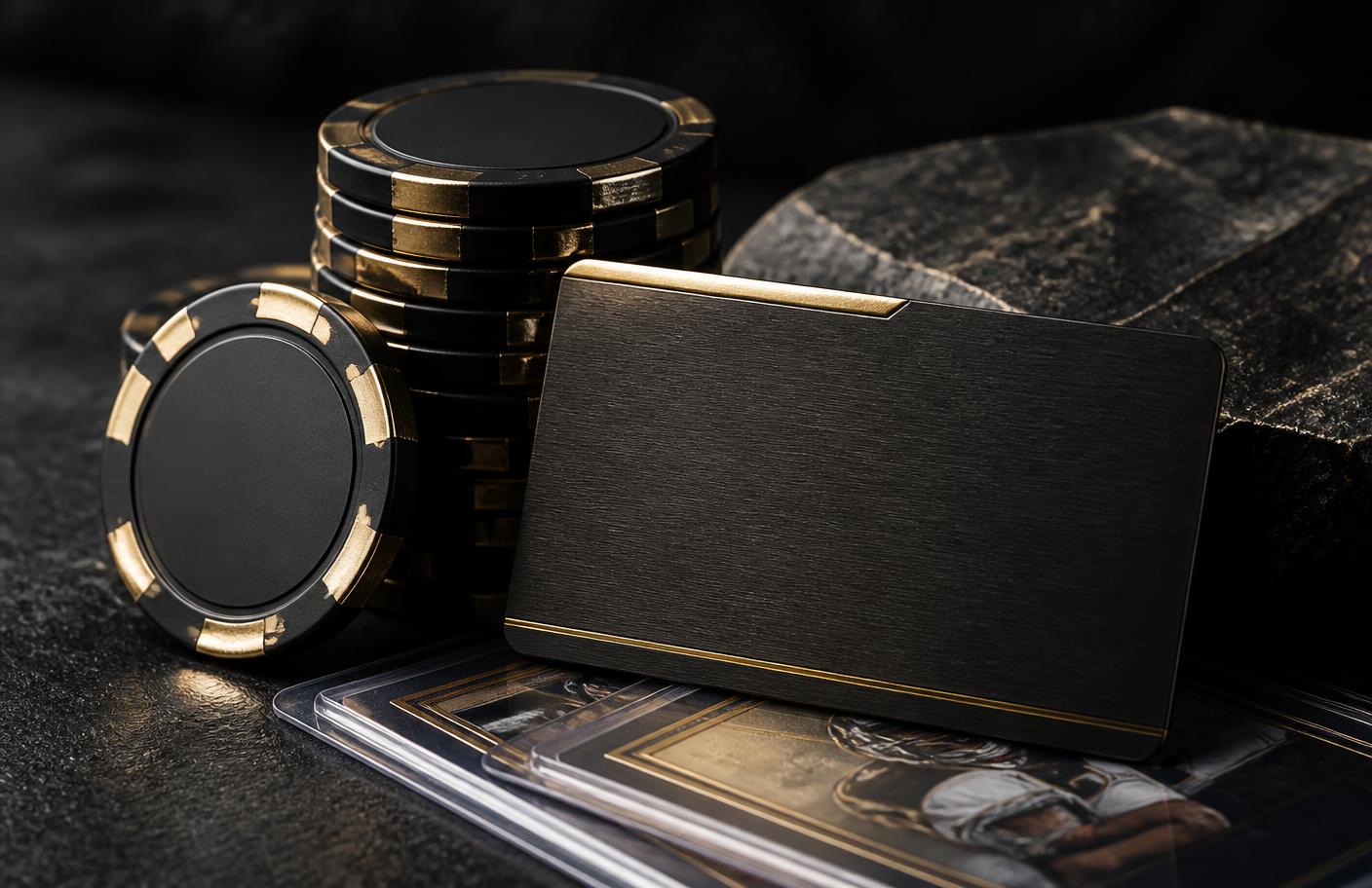 Black and gold RipRip rewards chips and a member card resting on trading cards