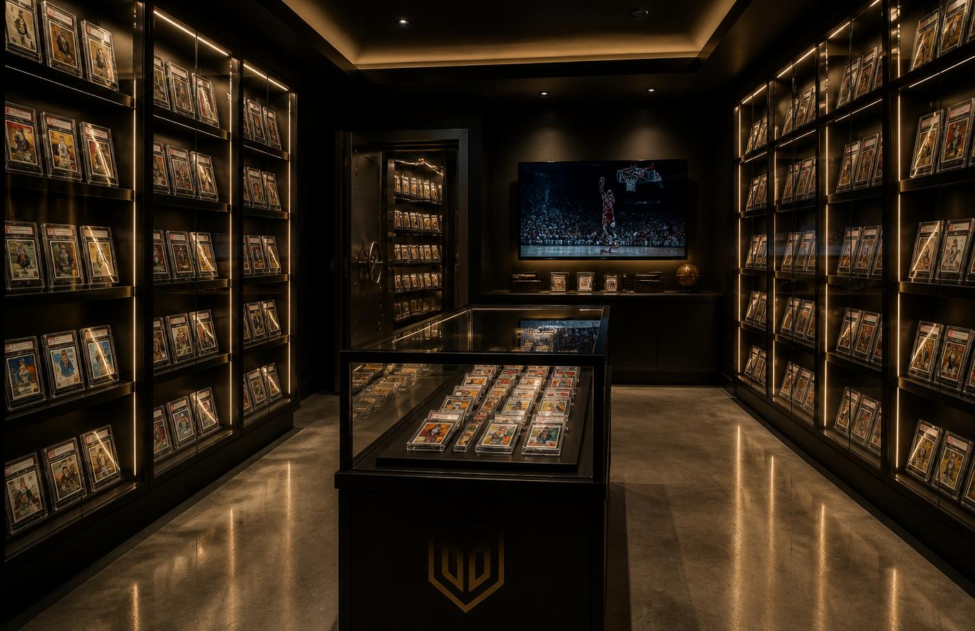Illuminated display cases of graded cards inside the FirstRip vault