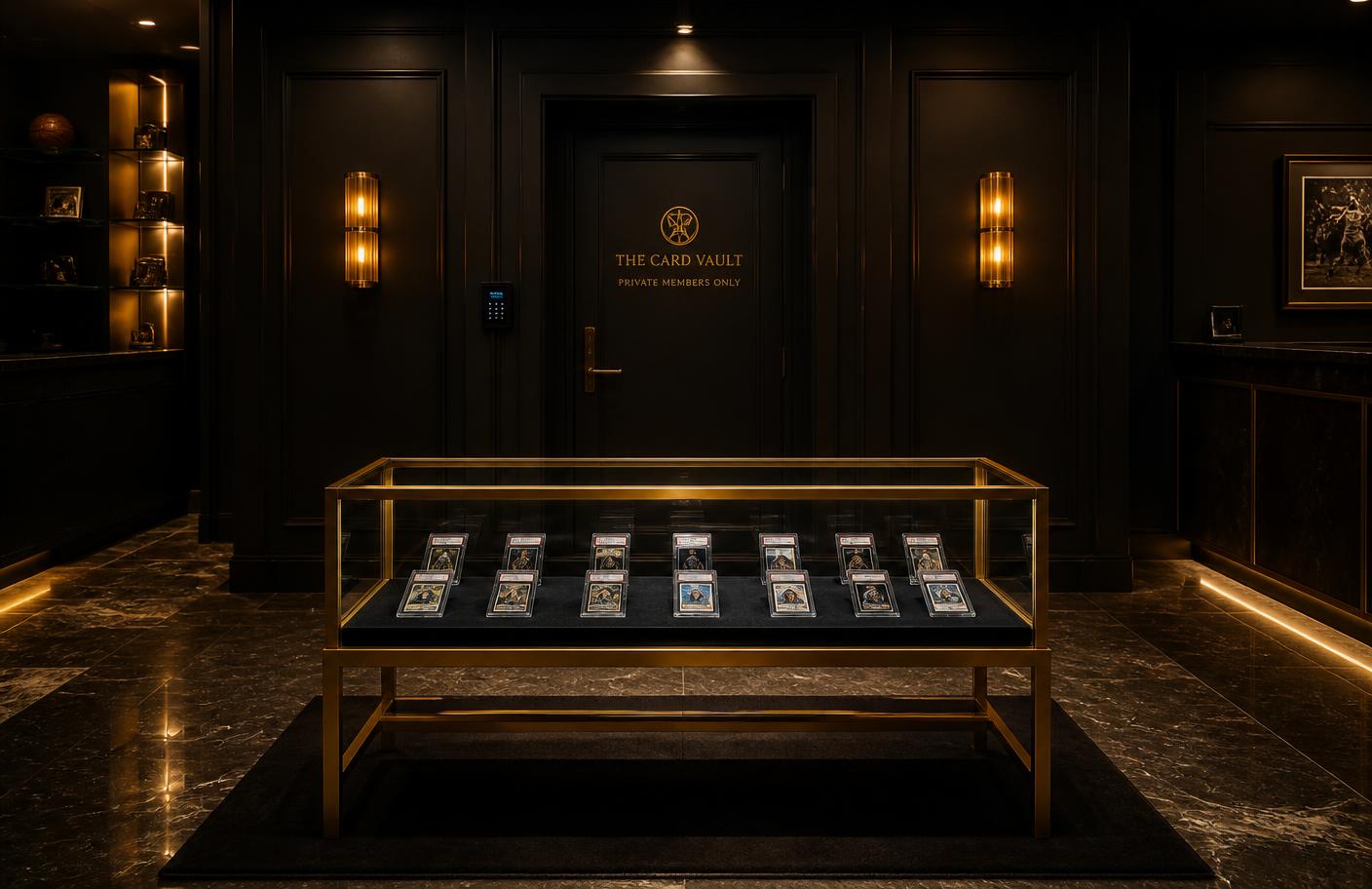 Glass display table at the vault entrance showing top graded cards under spotlights