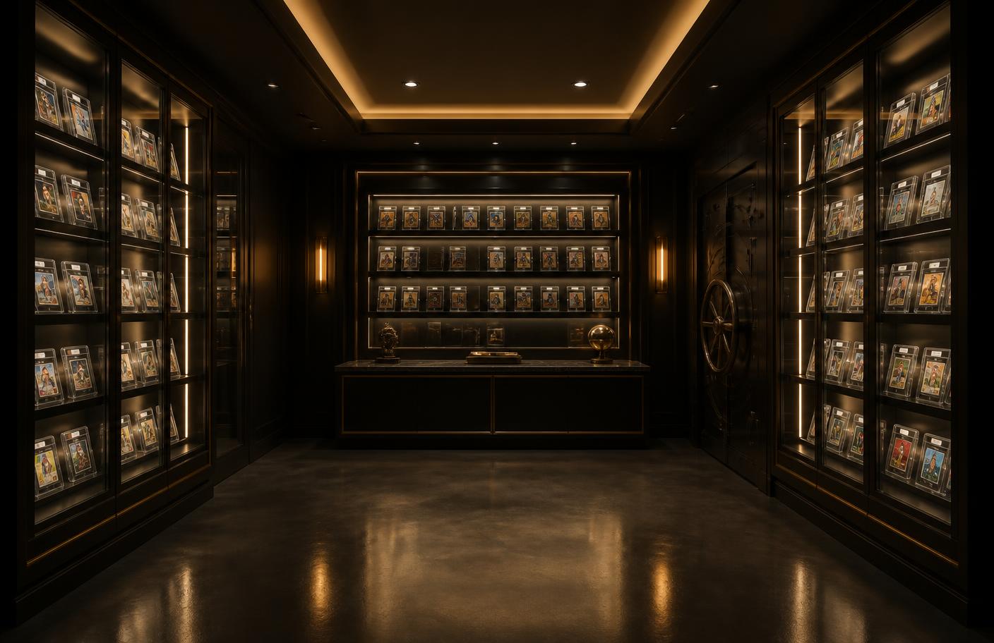 Private vault room with backlit display cases of graded trading cards