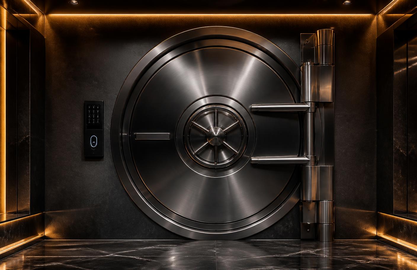 Steel vault door with keypad and biometric reader