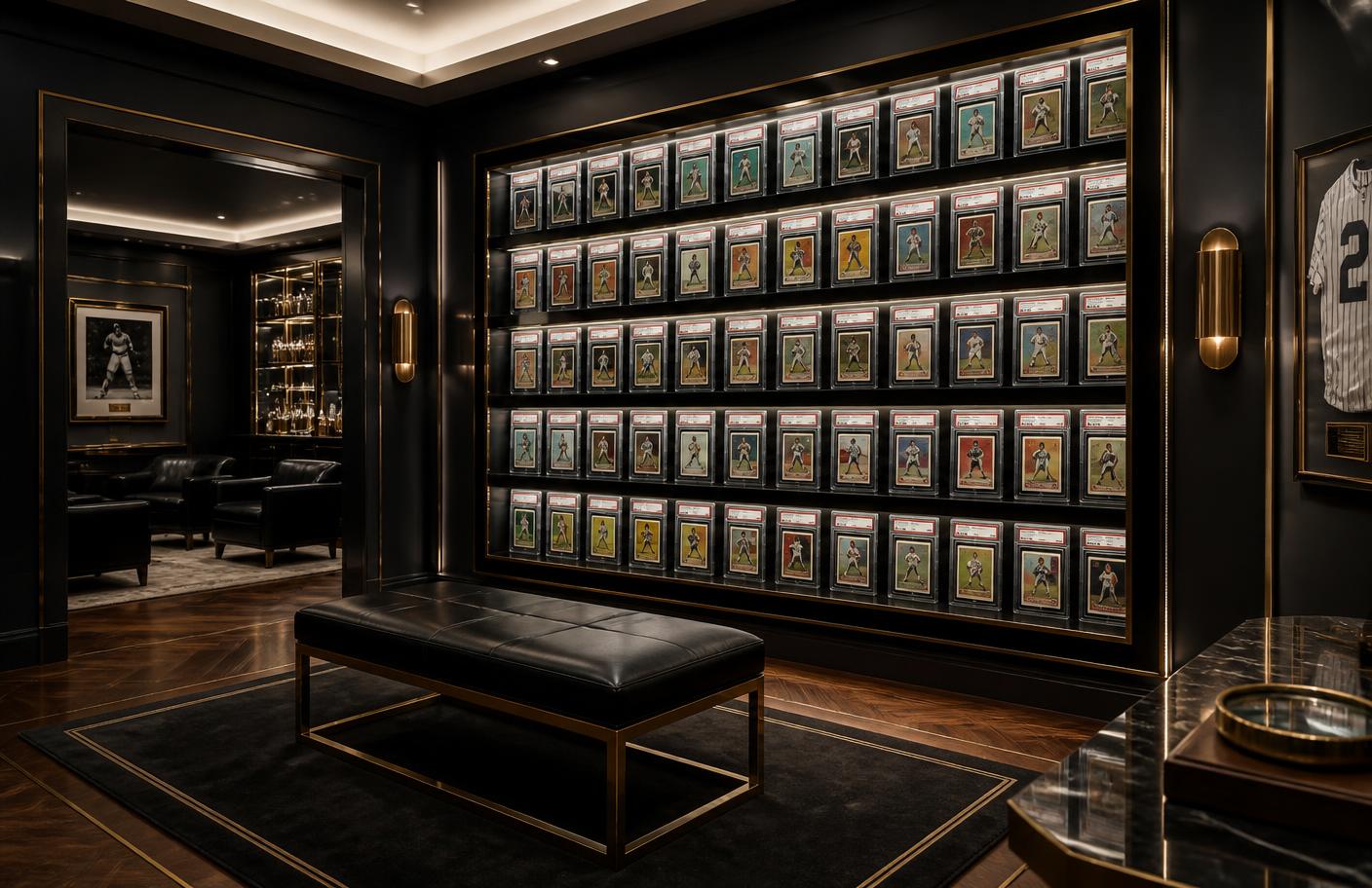 Private viewing room with a wall of framed graded cards and a leather bench